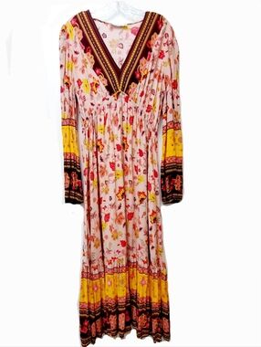 Rusttydustty Floral Bohemian Maxi Dress Long Sleeves Size XL